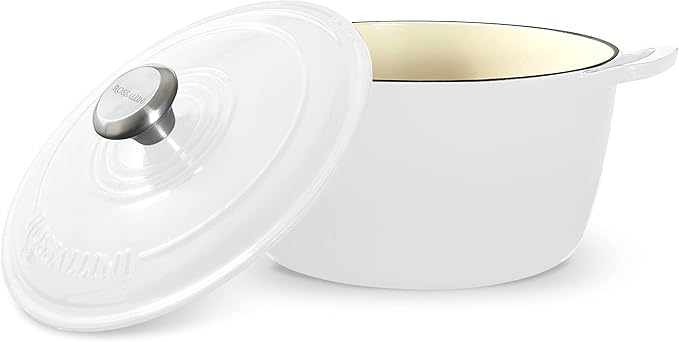Signature Enameled Cast Iron Dutch Oven, Non-Stick Serving Pot with Tight Fitting Lid for Perfect Roasting, Baking, Sauteing, and Bread Making | 7.4Q (7L) - White