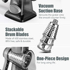 KEOUKE Rotary Cheese Grater Hand Crank Transparent - Shredder Slicer Grinder 3 Stainless Steel Blades, Stable Suction, Labor-Saving Handle, Safe Kitchen Tool for Cheese, Vegetable, Nuts, Chocolate