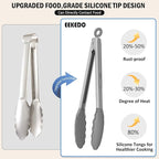 Kitchen Tongs, Stainless Steel Silicone Tongs for Cooking 600ºF High Heat-Resistant BBQ Grilling Locking Tongs, Set of 2-9" and 12" Light Grey