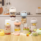 2 Pack Overnight Oats Containers with Lids and Handles, Folding Spoons & Divided Compartments for Fruit & Nuts, 16oz Glass Mason Jars for Oatmeal, Meal Prep & Breakfast (Cream 2pcs)