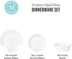 Martha Stewart Opalton 18-Piece Dinnerware Set – Chip and Break Resistant Opal Glass Plates and Bowls, Lightweight White Dinner Set for 6, Microwave and Dishwasher Safe