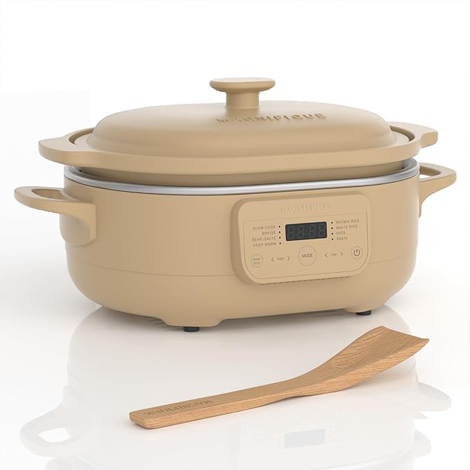 MAGNIFIQUE 4 Quart Programmable Casserole Slow Cooker, 8-in-1 Multi Cooker with Removable Non-Toxic Stoneware Crock, Claypot Slow Cooker, Rice-cooking, Nonstick, Oven Safe Pot to 450°F, Brown