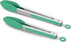 9-Inch & 12-Inch Premium Stainless Steel Food Tongs, Turquoise Silicone BPA Free Non-Stick BBQ Cooking Grilling Locking Kitchen Tong