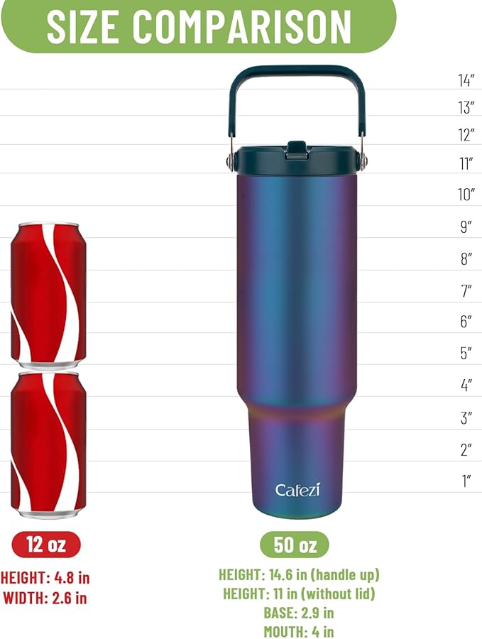 50oz Tumbler with Lid and Straw, Stainless Steel Water Bottles with Flip Straw and Top Handle, Leak Proof, Fits in Cup Holder, Vacuum Insulated Water Bottle for Home, Office, Outdoors, Car