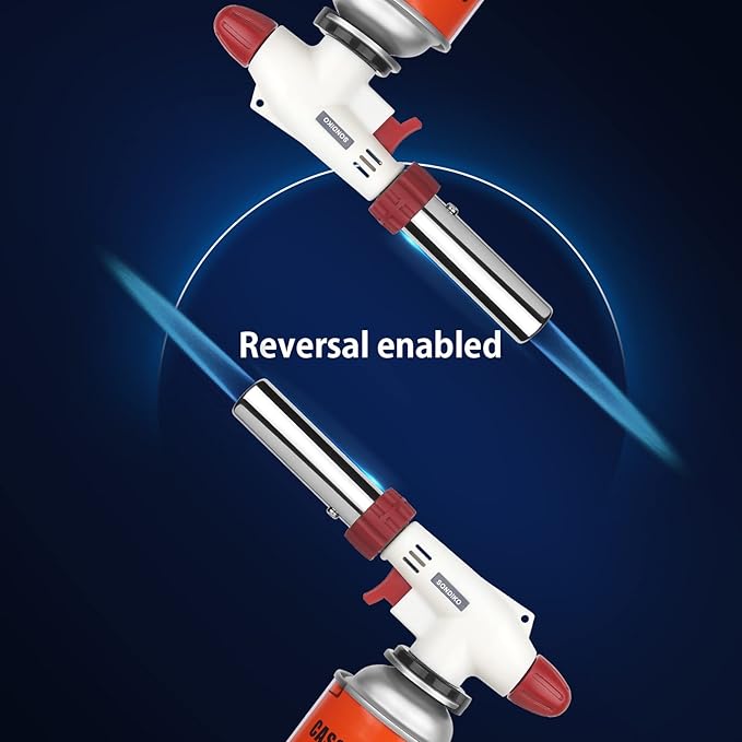 Sondiko Dual Flame Mode Butane Torch Lighter Head, Professional Culinary Torch with Adjustable Flame, Reverse Use for BBQ, Soldering, Red and White, Fuel Not Included.