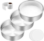6 Inch Cake Pan Set of 3, E-Far Stainless Steel Round Layer Smash Cake Baking Pans with Parchment Rounds & Side Liner Roll, Non-Toxic & Healthy Metal Cakes Tin, Straight Side & Dishwasher Safe
