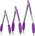 U-Taste Kitchen Tongs, 7/9/12 inches Cooking Tongs, with 600ºF High Heat-Resistant Non-Stick Silicone Tips, 18/8 Stainless Steel Handle, for Food Grill, Salad, BBQ, Frying, Serving, Pack of 3(Purple)