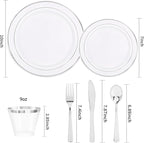 bUCLA 300PCS Silver Disposable Plastic Dinnerware Set - 50 Guests White Silver Disposable Plates Include 50 Dinner Plates,50 Dessert Plates,50 Knives,50 Forks,50 Spoons,50 Cups for Party & Christmas