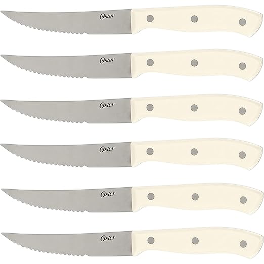 Oster Evansville 14 Piece Cutlery Kitchen Knife Block Set, Stainless Steel w/Linen White Handles - Cuchillos Para Cocina