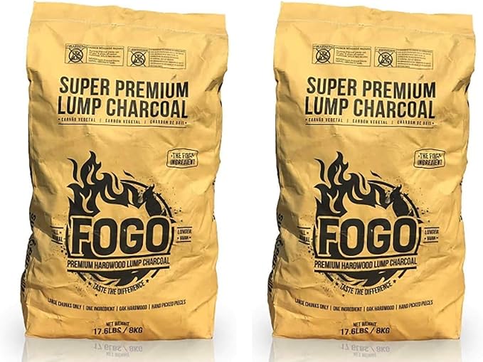 FOGO Super Premium Hardwood Lump Charcoal, Natural, Large Sized Lump Charcoal for Grilling and Smoking, Restaurant Quality, 17.6 Pound Bag, 2-Pack