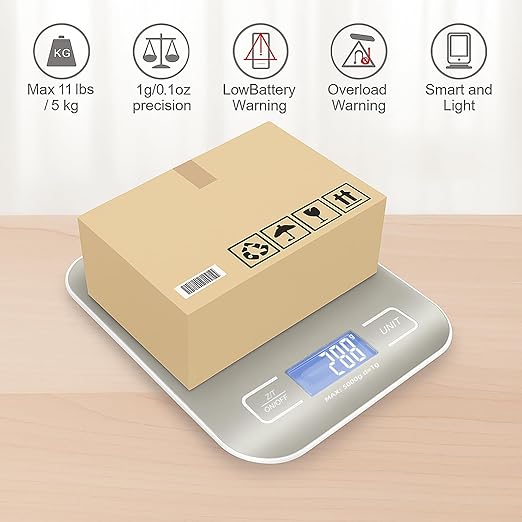 Digital Shipping Scale,Stainless Steel Panel, Accurate Portable Postal Scale for Packages, Small Business,Kitchen, Food, Handmade, Liquids, and Boutique (Stainless Steel Battery (5kg/1g))