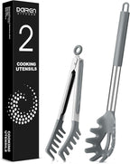 Spaghetti Spoon and Pasta Tong, Non-stick Silicone Spoon Server Fork With Teeth and Stainless Steel Handle, Food Clip for Noodles (Grey)
