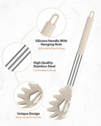 Silicone Spaghetti Spoon & Pasta Tong, Non-Stick Stainless Steel Handle Pasta Fork Set with Teeth, Food Clip for Easy Serving of Noodles (Khaki)