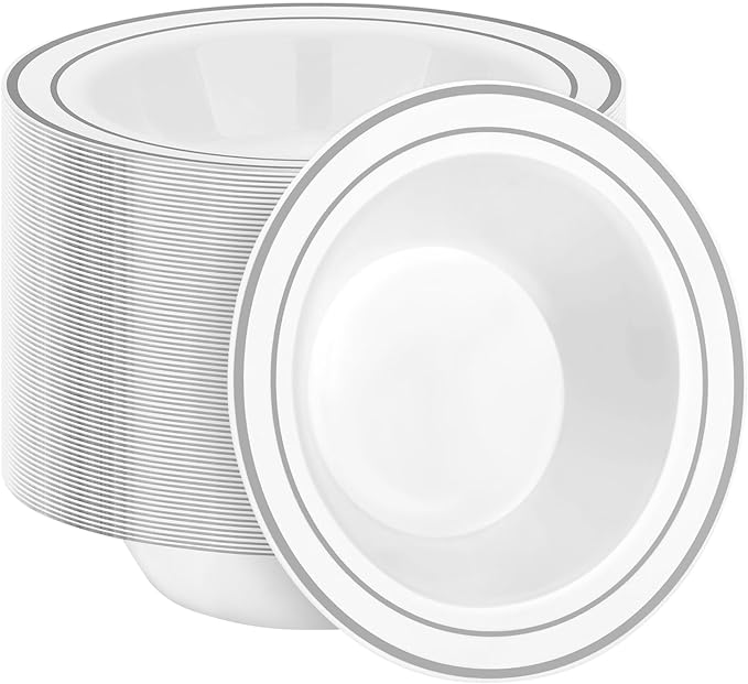100 Pack Disposable Soup Bowls with Silver Rim, 12oz Premium Heavy Duty Plastic Dinner Bowls for Party, Wedding and Holiday