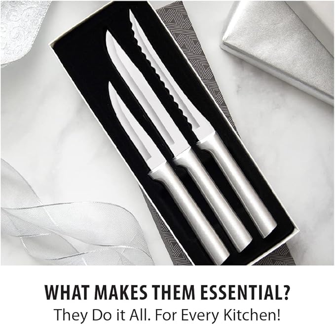Rada Cutlery 3-Piece Cooking Essentials Knife Gift Set (S49), Stainless Steel Hollow Ground Blades, Made in USA, Silver Handles