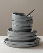 Famiware Milkyway Dinnerware Set with Mugs, Service for 4 (16pcs), Ribbed Stoneware Plates and Bowls Dishes Sets - Chip & Scratch Resistant, Microwave & Dishwasher Safe, Dark Gray
