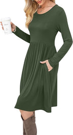 DB MOON Women Casual Long Sleeve Dresses Empire Waist Knee Length Loose Dress with Pockets