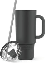 Ello Port 40oz Tumbler with Carry Loop & Integrated Handle, Vacuum Insulated Stainless Steel Reusable Water Bottle, Travel Mug with Leak Proof Lid and Straw, Perfect for Iced Coffee and Tea, Black