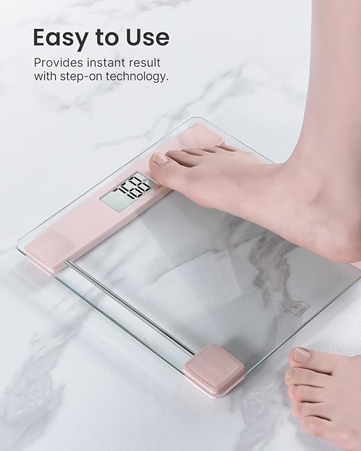 FITINDEX Bathroom Scale for Body Weight, Highly Accurate Digital Weighing Scale with Large LCD Display, Transparent and Slim Tempered Glass, 400 lbs, Pink
