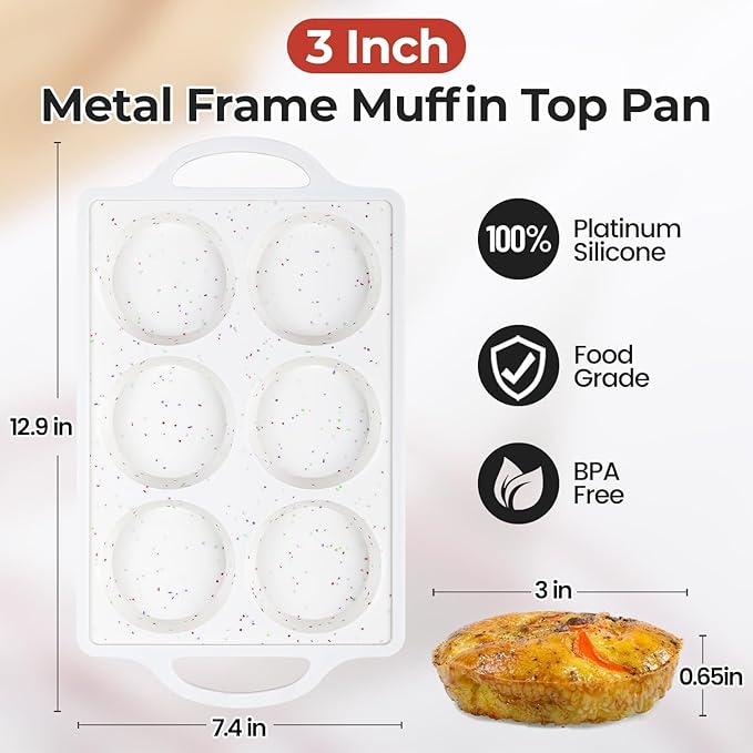 Muffin Top Pan with Metal Reinforced Frame, Silicone Egg Molds for Breakfast Sandwiches 3 Inch Round Baking Pan for Oven English Muffins, Whoopie Pies, Corn Bread, Egg Bites, Tarts 3 Pack Confetti