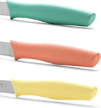 Arcos Paring Knife Set of 3 Pieces 4 Inch Stainless Steel. Colorful Kitchen Knives for Peeling Fruits and Vegetables. Ergonomic Polypropylene Handle. Series Nova. Color Orange, Yellow and Blue.