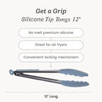 Starpack 'Get a Grip' Silicone Kitchen Tongs for Cooking 12 Inch - BBQ Silicone Tongs for Grill Heat Resistant to 600°F - Stainless Steel Utensils with Non Stick Rubber Tips for Serving Food