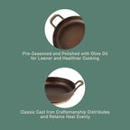 Bloomhouse Natural Bronze Finish 12-Inch Cast Iron Skillet with Long Handle, Helper Handle & Olive Wood Trivet – Olive Oil Treated Fry Pan, Oven & Stovetop Safe