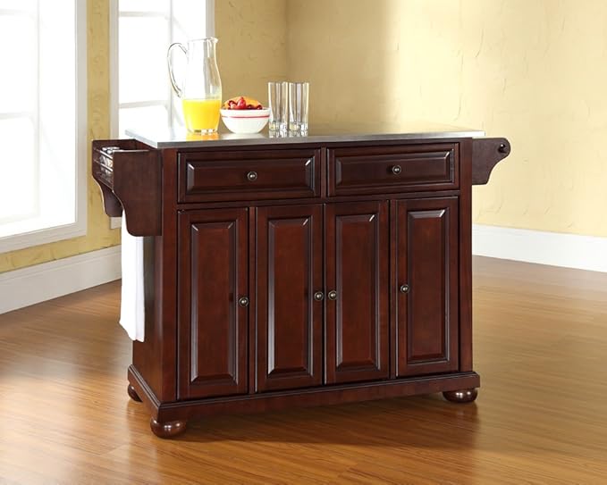 Crosley Furniture Alexandria Stainless Steel Top Rolling Kitchen Island Storage Cart, Spice Rack, Mahogany