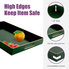 Gifturbo Large Serving Tray with Handles，Green Rectangular Plastic Elegant Decorative Coffee Table Trays for Ottoman, Living Room, Bathroom, Home Decor, Vanity Tray with Gold Trimming, 15.7” x 11.8”