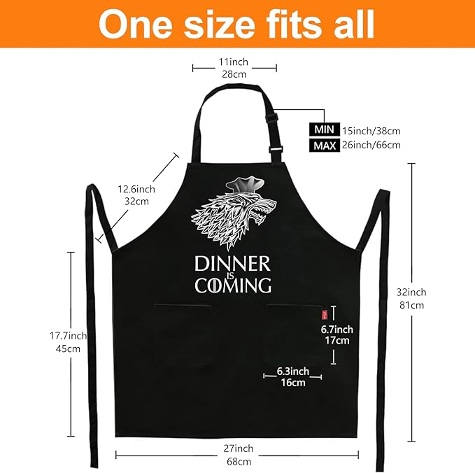 Grill Aprons for Men Women, Dinner is Coming Kitchen Chef Apron with 2 Pockets and 40" Long Ties, Adjustable Bib Apron for Cooking, BBQ, Baking, Gardening, Black