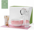 ZENS Pink Matcha Set, 6pcs Matcha Kit Includes Ceramic Bowl, Handcrafted Bamboo Whisk and Chasen Holder, Scoop, 304 Sifter & Tea Mat, Matcha Whisk Set Gift for Matcha Lovers