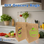 ASSUREPAK DIY Earth Friendly Grocery Paper Bag - 250 Bags - 13"x7"x13" - 74LB (110 GSM strong) - Twisted Handle - Kraft/Natural - Recyclable Food & Supermarket Bags for Decorating & Branding