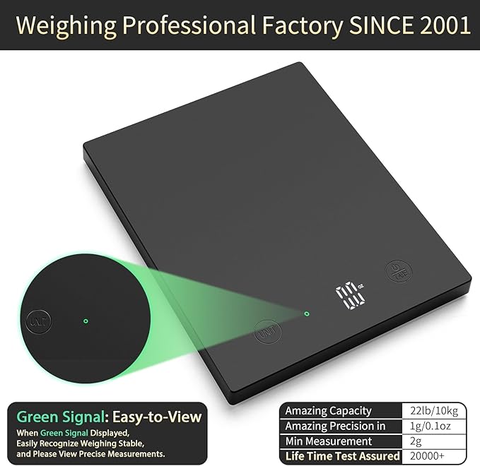 Homebuds 22lb/10kg Digital Food Scale in High Precision 0.1oz/1g, Our Own Kitchen Scale Professional Factory SINCE 2001, Home and Kitchen Essentials for Cooking and Baking, LED, 3*AAA Batteries, Black