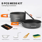 Odoland 9pcs Camping Cookware Non-Stick Lightweight Pots and Pans Set with Plastic Bowls Soup Spoon for Backpacking, Outdoor Cooking and Picnic