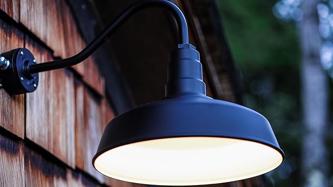 Steel Lighting Co. Gardena Barn Light | Outdoor Wall Mounted | 16" Dome | 16" Gooseneck | Farmhouse Light Made in America | Matte Black Exterior/Brass Interior