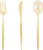 Supernal 180pcs Gold Plastic Silverware Durable Plastic Silverware Gold Glitter Color Party Cutlery Disposable Flatware Heavy Duty Include 60 Forks,60 Knvies,60 Spoons for Wedding,Birthday