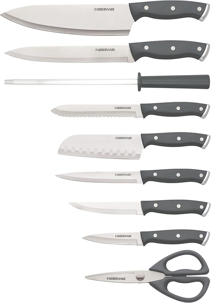 Farberware Triple Riveted Knife Block Set, 15-Piece, Gray, High-Carbon Stainless Steel Blades, Ergonomic Handles with Silver Accents, Includes Rubber Wood Storage Block