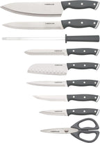 Farberware Triple Riveted Knife Block Set, 15-Piece, Gray, High-Carbon Stainless Steel Blades, Ergonomic Handles with Silver Accents, Includes Rubber Wood Storage Block