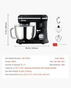 VEVOR Stand Mixer, 5QT Dough Mixer, 10+P Speeds Tilt-head Food Mixer, Kitchen Mixer with Stainless Steel Bowl, Dough Hook, Wire Whip, Beater, Scraper, Household Stand Mixer for Baking Mixing, Black