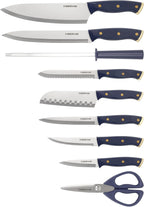 Farberware Triple Riveted Knife Block Set, 15-Piece, Navy and Gold, High-Carbon Stainless Steel Blades, Ergonomic Handles, Includes Wood Storage Block