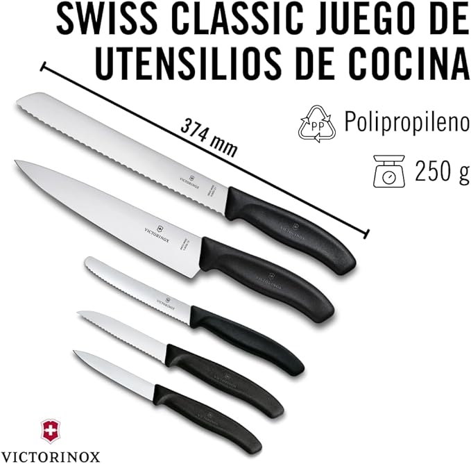 Victorinox Swiss Classic Kitchen Set - Includes Paring Knives, Carving Knife, Bread Knife & More - Premium Kitchen Accessories - Black Handles, 5-Piece Set