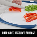 GORILLA GRIP BPA-Free Reversible Kitchen Cutting Board Set of 3, US Designed, Nonporous, Juice Grooves Catch Liquid, Slip Resistant Border, Dishwasher Safe, Durable Large Food Chopping Boards, Blue