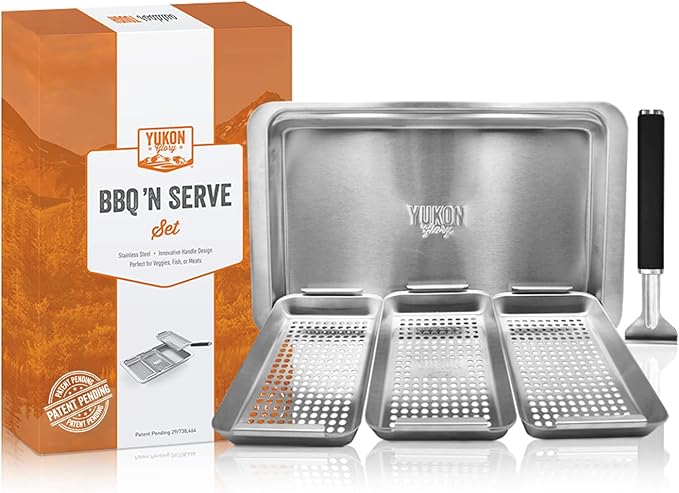 Yukon Glory Grill Basket Set, Stainless Steel BBQ 'N Serve 5-Piece with 3 Baskets, Removable Handle & Drip Tray for Vegetables, Fish, Shrimp