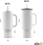 Ello Port 30oz Tumbler with Carry Loop & Integrated Handle | Vacuum Insulated Stainless Steel Reusable Water Bottle Travel Mug | Leak Proof Lid | Flexible Straw | BPA-Free | Dishwasher Safe | White