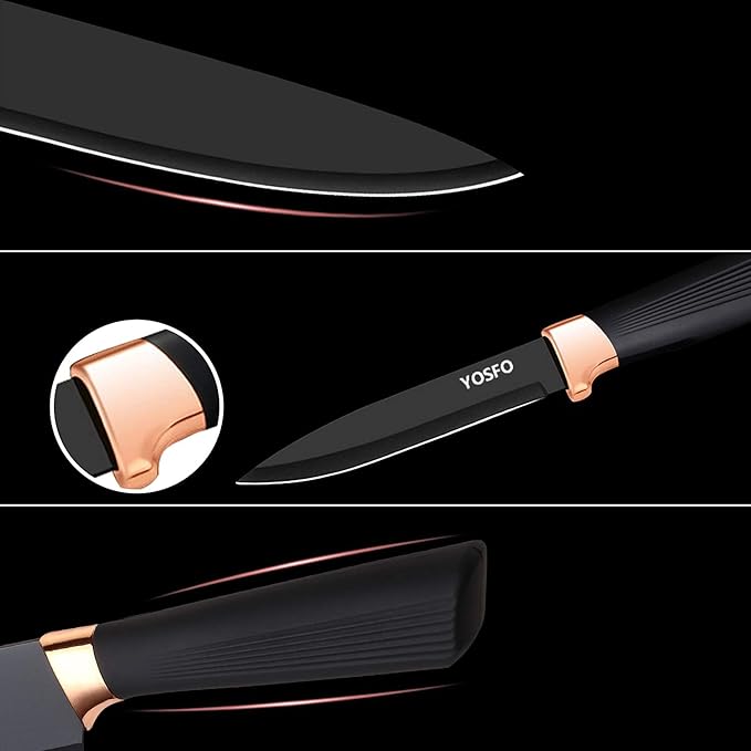 Stainless Steel Chef Knife Set, 6 Piece - Includes 8" Chef, 8" Bread, 7" Santoku, 5" Utility, 8" Carving & 3.5" Paring Knives (Black)