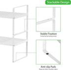 Expandable Cabinet Storage Shelf Stackable Organizer Rack for Kitchen Bathroom Pantry Spice Cupboard Coffee Countertop Home Office Desk Heavy Duty Nonslip White Large 3 Packs