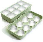 Large Ice Cube Trays Perfect for Whiskey and Summer Drinks - Space Black, Italian Design - 2 Pack (16 x Ice Cubes | Square and Round | XL) - Cosvino - Removable Lid, Easy Release (Olive Green)