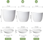 12/10/9 Large Modern Plant Pots, Plastic Planters with Drainage Holes and Saucers for Indoor Outdoor Plants Flowers, White