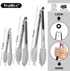 Walfos Stainless Steel Kitchen Tongs for Cooking- 7 ，9 and 12 Inch, Food Grade Metal Tongs for Cooking, BBQ, Set of 3 Heavy Duty Locking Cooking Tongs Non-Slip Grip