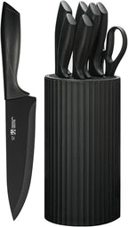 Knife set, 8-Piece Kitchen Knife Set for Chef, Sharp Knife Set with Universal Knife Block, Anti-Rust Kitchen Knife Block Set, Ergonomical Design (Dark Black)